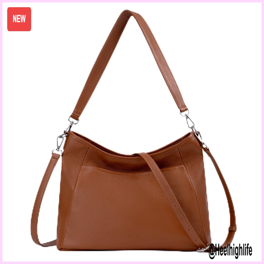Genuine Leather Hobo Crossbody Bag Large Capacity Two Detachable Straps Elegant